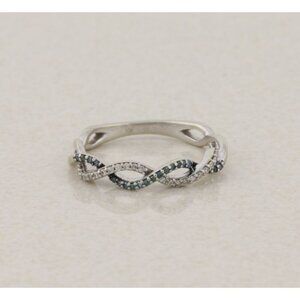 10k White Gold Fancy Blue and White Diamond Ring Twist Crossover Band 5 3/4
